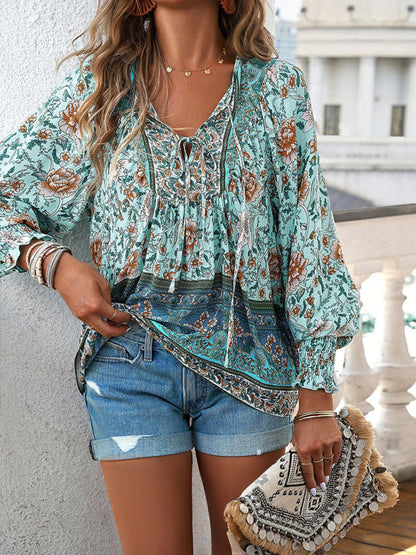 Floral Blouses-Floral Boho-Inspired Blouse with Lantern Sleeves-Pekosa Women Clothing