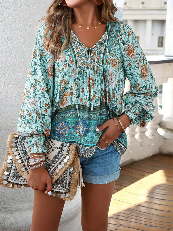 Floral Blouses-Floral Boho-Inspired Blouse with Lantern Sleeves-Pekosa Women Clothing