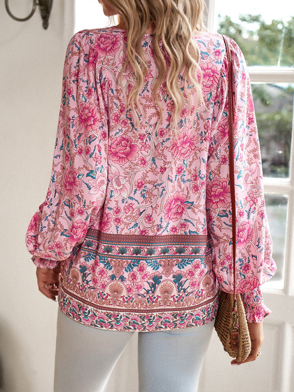 Floral Blouses-Floral Boho-Inspired Blouse with Lantern Sleeves-Pekosa Women Clothing