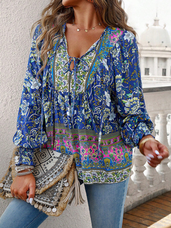 Floral Blouses-Floral Boho-Inspired Blouse with Lantern Sleeves-Pekosa Women Clothing