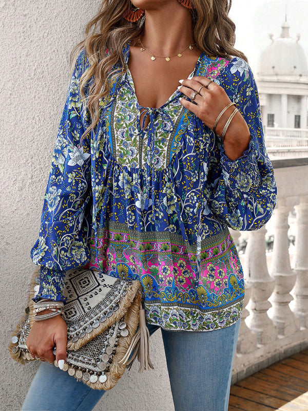 Floral Blouses-Floral Boho-Inspired Blouse with Lantern Sleeves-Pekosa Women Clothing