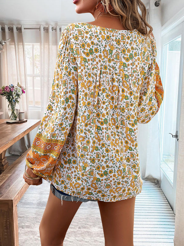 Floral Blouses- Spring Blossom Blouse | Tie-Front Long Sleeve Top- - IndioGear Fashion and Gear