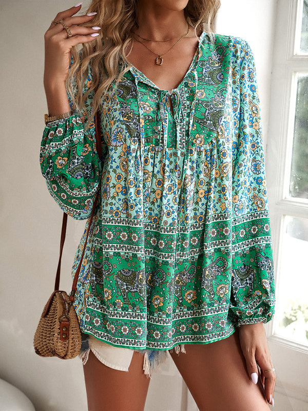 Floral Blouses- Spring Blossom Blouse | Tie-Front Long Sleeve Top- Green- IndioGear Fashion and Gear