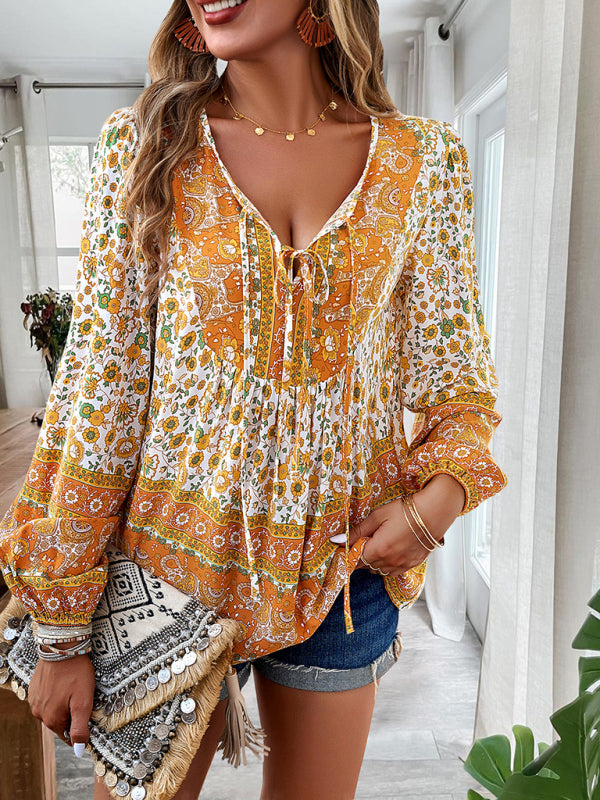 Floral Blouses- Spring Blossom Blouse | Tie-Front Long Sleeve Top- - IndioGear Fashion and Gear