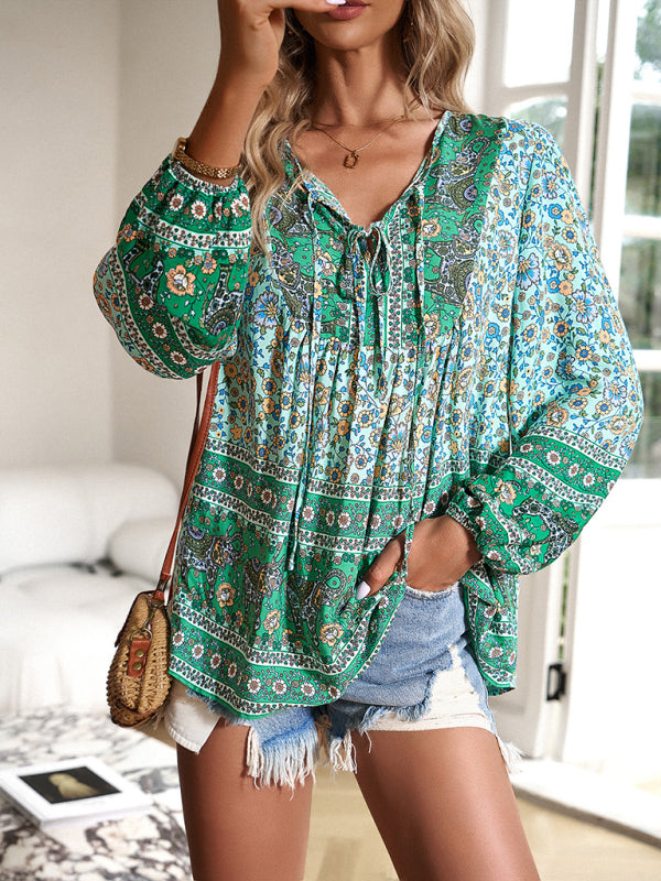 Floral Blouses- Spring Blossom Blouse | Tie-Front Long Sleeve Top- - IndioGear Fashion and Gear