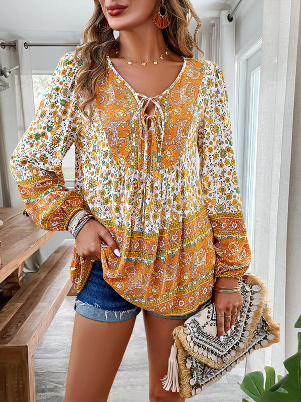 Floral Blouses- Spring Blossom Blouse | Tie-Front Long Sleeve Top- - IndioGear Fashion and Gear