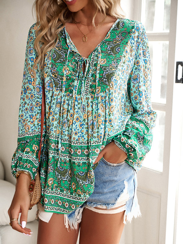 Floral Blouses- Spring Blossom Blouse | Tie-Front Long Sleeve Top- - IndioGear Fashion and Gear