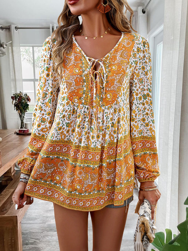 Floral Blouses- Spring Blossom Blouse | Tie-Front Long Sleeve Top- Yellow- IndioGear Fashion and Gear