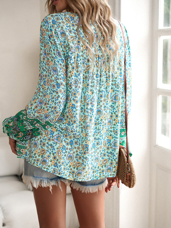 Floral Blouses- Spring Blossom Blouse | Tie-Front Long Sleeve Top- - IndioGear Fashion and Gear