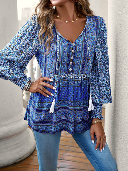 Floral Blouses- Spring Floral Print Flowy Blouse | Long Sleeve Tie-Front Top- - IndioGear Fashion and Gear