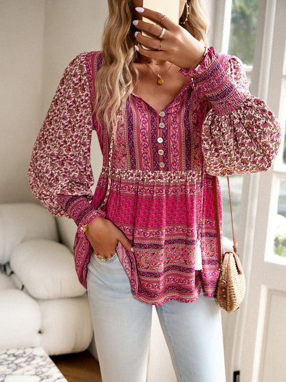 Floral Blouses- Spring Floral Print Flowy Blouse | Long Sleeve Tie-Front Top- - IndioGear Fashion and Gear