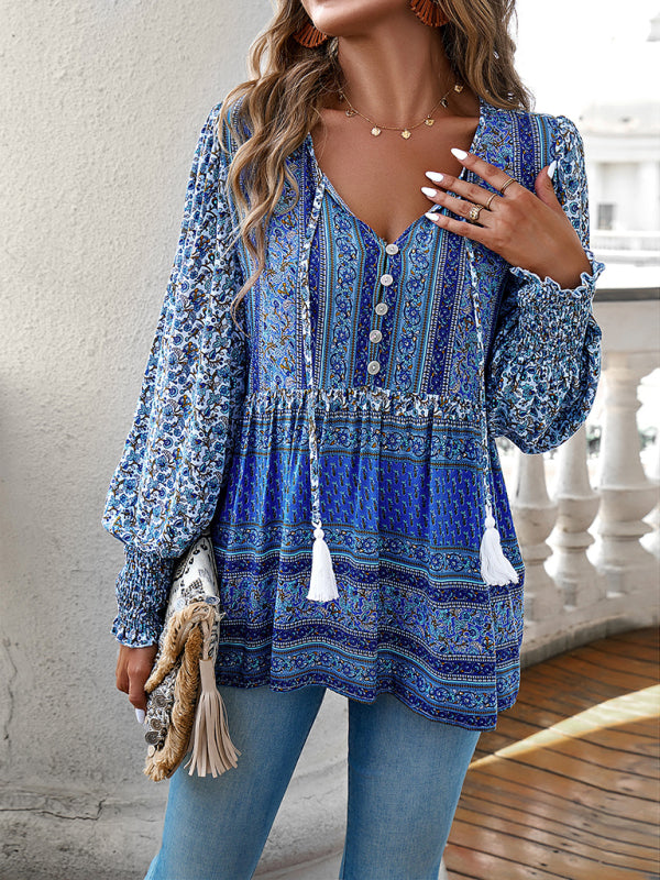 Floral Blouses- Spring Floral Print Flowy Blouse | Long Sleeve Tie-Front Top- Blue- IndioGear Fashion and Gear