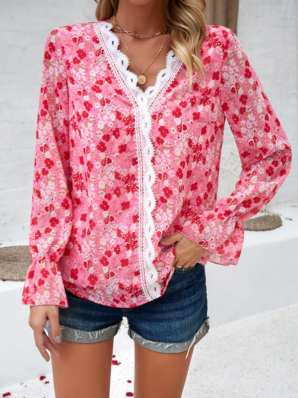 Floral Blouses-V-Neck Blouse - Long Sleeve Floral Top with Delicate Lace Accents-Pekosa Women Clothing