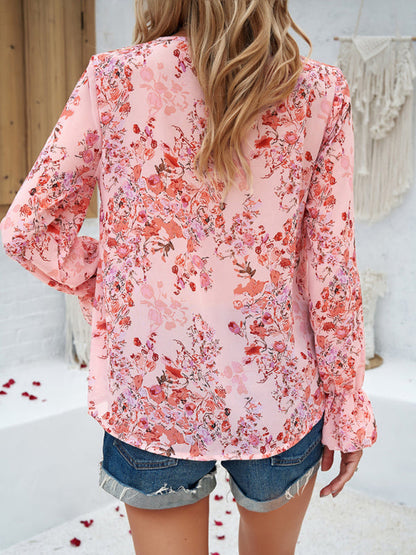 Floral Blouses-V-Neck Blouse - Long Sleeve Floral Top with Delicate Lace Accents-Pekosa Women Clothing