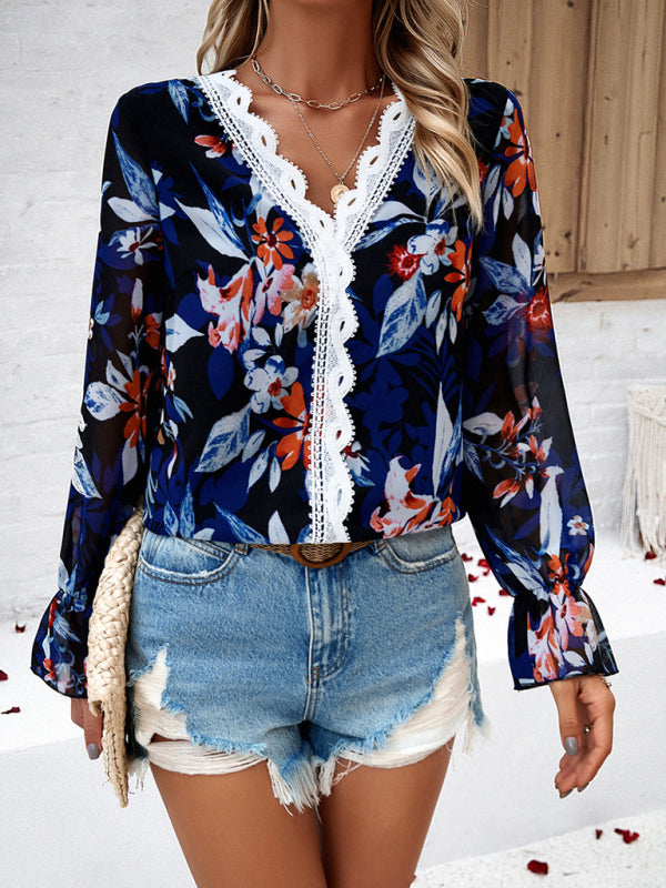 Floral Blouses-V-Neck Blouse - Long Sleeve Floral Top with Delicate Lace Accents-Pekosa Women Clothing