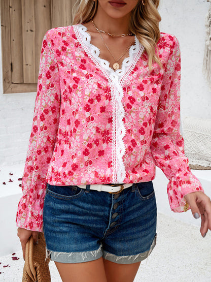 Floral Blouses-V-Neck Blouse - Long Sleeve Floral Top with Delicate Lace Accents-Pekosa Women Clothing