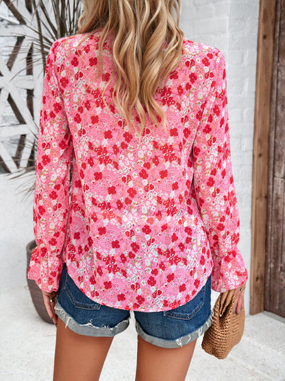 Floral Blouses-V-Neck Blouse - Long Sleeve Floral Top with Delicate Lace Accents-Pekosa Women Clothing