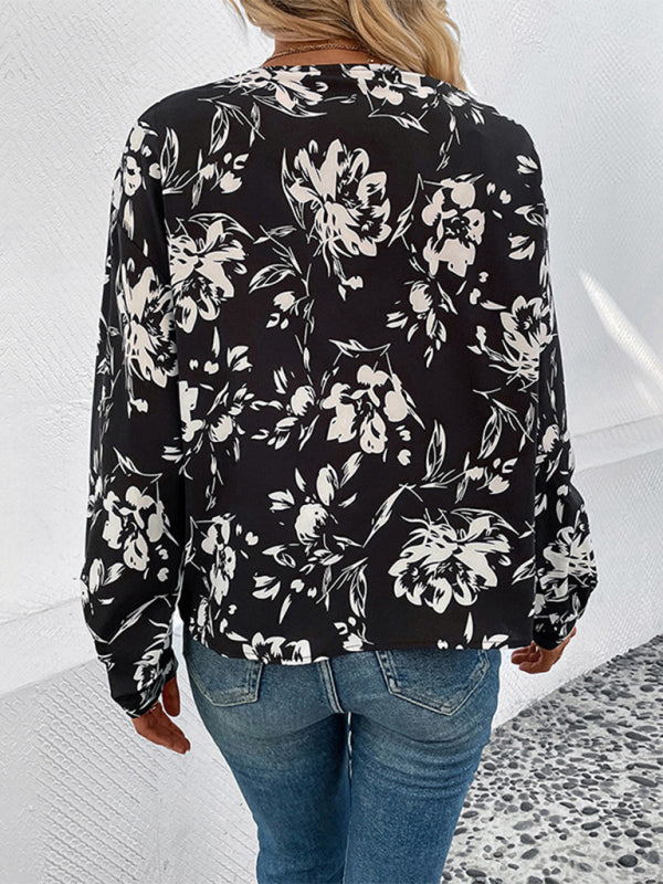 Floral Blouses- V-Neck Blouse with Delicate Floral Bishop Sleeves- - IndioGear Clothing and Gear