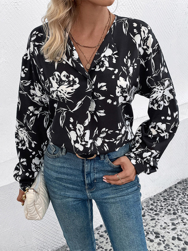 Floral Blouses- V-Neck Blouse with Delicate Floral Bishop Sleeves- - IndioGear Clothing and Gear