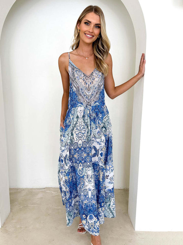 Floral Cami Dress- Elegant Summer Floral Print A-Line Cami Maxi Dress- - IndioGear Fashion and Gear