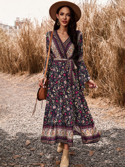 Floral Dresses- Autumn Floral Faux Wrap Bell Sleeve Waist Tie Midi Dress- - IndioGear Fashion and Gear