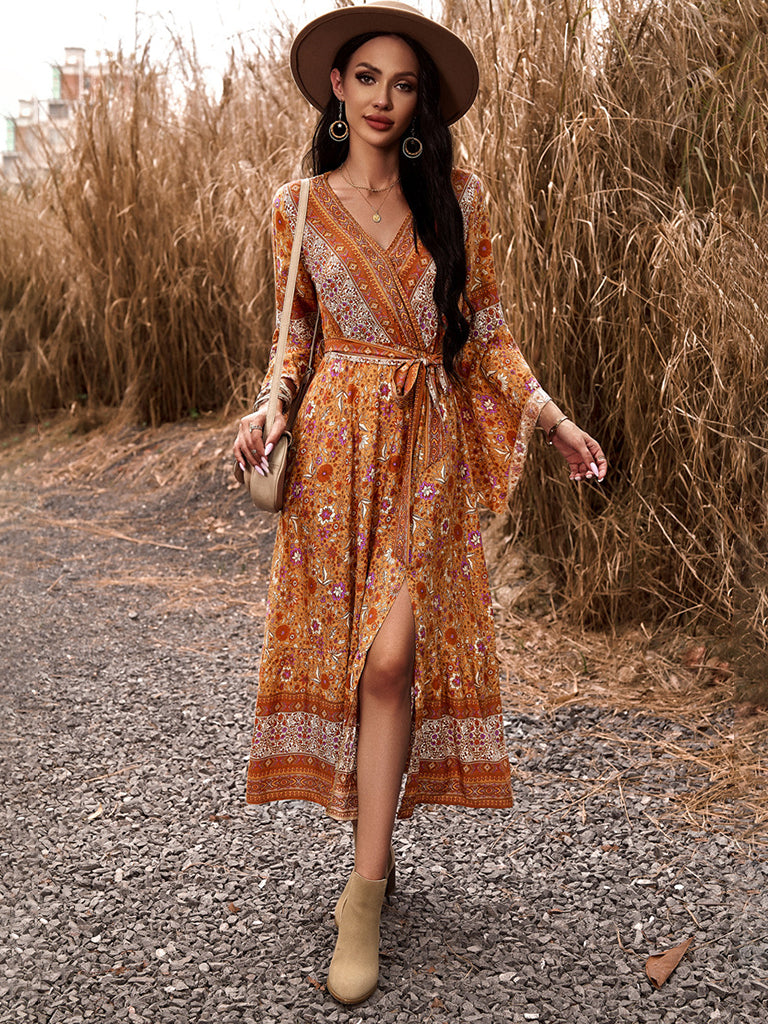 Floral Dresses- Autumn Floral Faux Wrap Bell Sleeve Waist Tie Midi Dress- - IndioGear Fashion and Gear