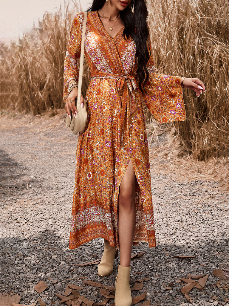 Floral Dresses- Autumn Floral Faux Wrap Bell Sleeve Waist Tie Midi Dress- - IndioGear Fashion and Gear