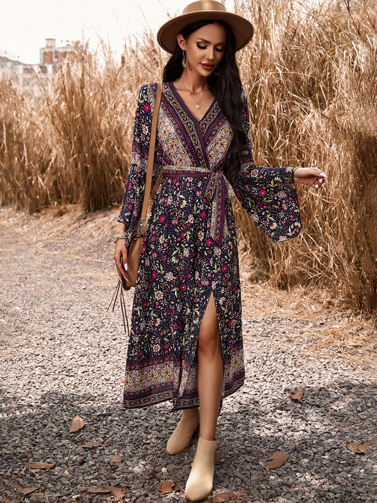 Floral Dresses- Autumn Floral Faux Wrap Bell Sleeve Waist Tie Midi Dress- - IndioGear Fashion and Gear