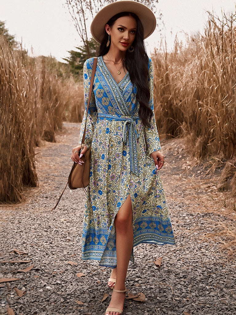 Floral Dresses- Autumn Floral Faux Wrap Bell Sleeve Waist Tie Midi Dress- - IndioGear Fashion and Gear