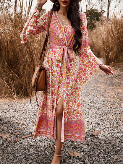 Floral Dresses- Autumn Floral Faux Wrap Bell Sleeve Waist Tie Midi Dress- - IndioGear Fashion and Gear