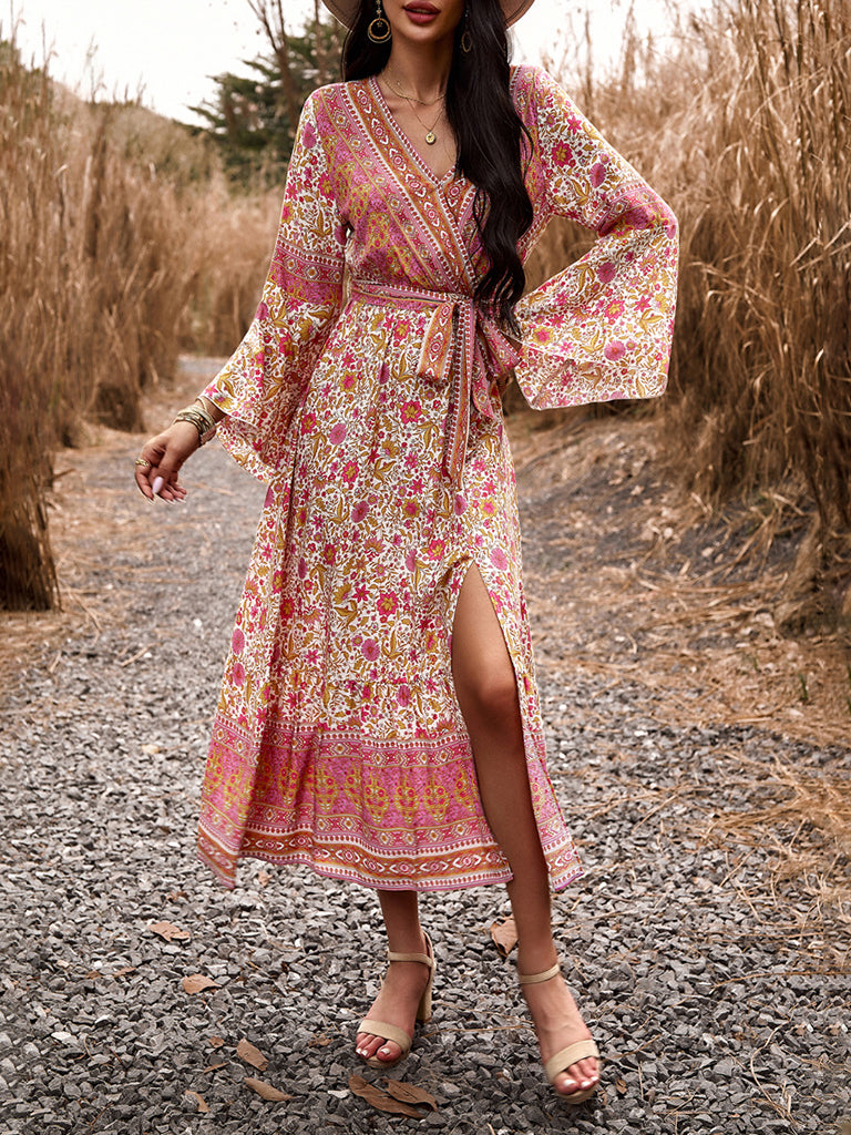 Floral Dresses- Autumn Floral Faux Wrap Bell Sleeve Waist Tie Midi Dress- Pink- IndioGear Fashion and Gear