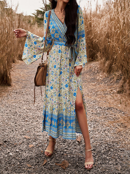 Floral Dresses- Autumn Floral Faux Wrap Bell Sleeve Waist Tie Midi Dress- Blue- IndioGear Fashion and Gear