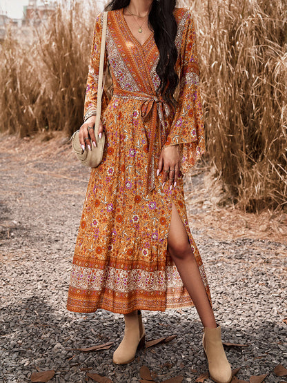 Floral Dresses- Autumn Floral Faux Wrap Bell Sleeve Waist Tie Midi Dress- Orange- IndioGear Fashion and Gear