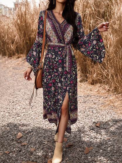 Floral Dresses- Autumn Floral Faux Wrap Bell Sleeve Waist Tie Midi Dress- Black- IndioGear Fashion and Gear