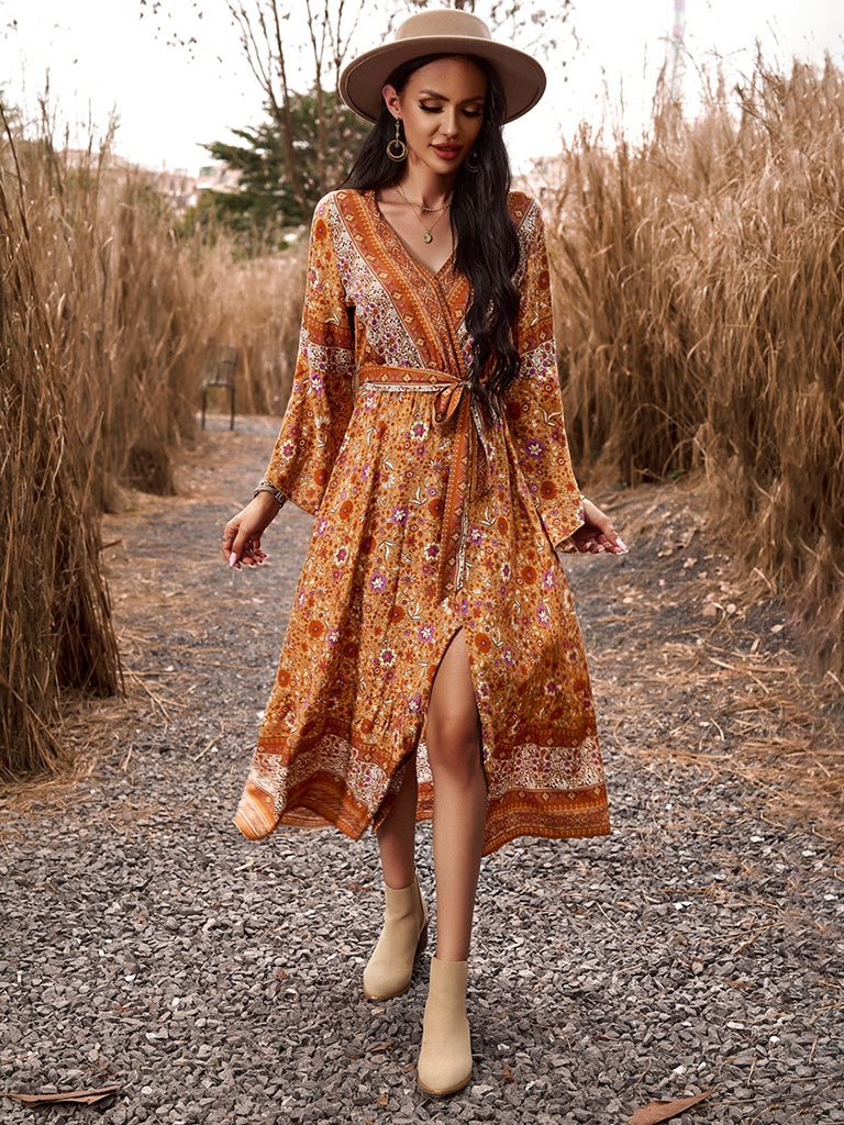 Floral Dresses- Autumn Floral Faux Wrap Bell Sleeve Waist Tie Midi Dress- - IndioGear Fashion and Gear