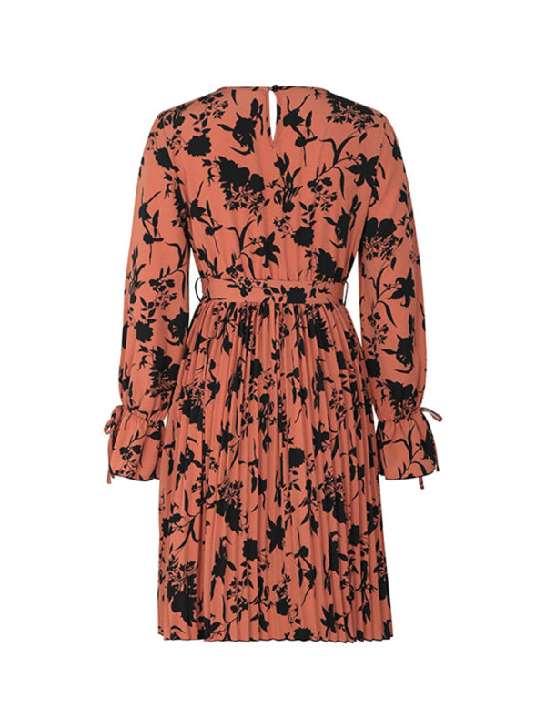 Floral Dresses- Autumn Floral Long Sleeve Belt-Tie Pleated Dress- - IndioGear Clothing and Gear