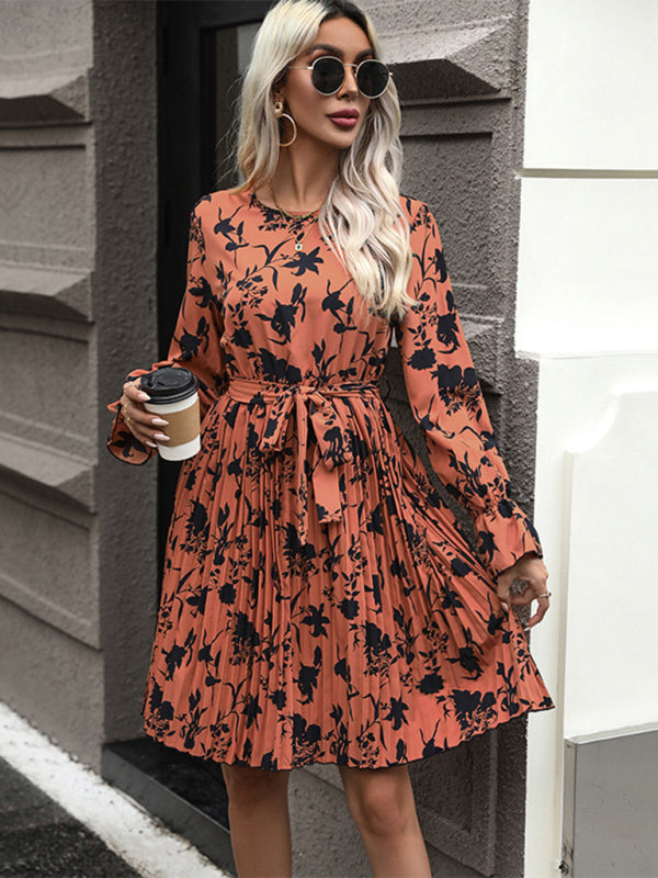 Floral Dresses- Autumn Floral Long Sleeve Belt-Tie Pleated Dress- Brown- IndioGear Clothing and Gear