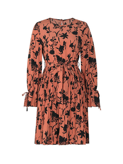 Floral Dresses- Autumn Floral Long Sleeve Belt-Tie Pleated Dress- - IndioGear Clothing and Gear