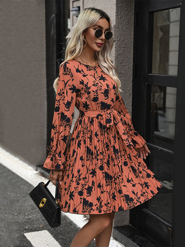 Floral Dresses- Autumn Floral Long Sleeve Belt-Tie Pleated Dress- - IndioGear Clothing and Gear