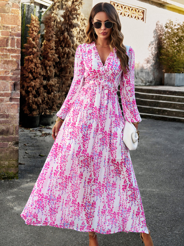 Floral Dresses- Autumn Floral Ruffle Waist V Neck Maxi Dress- - IndioGear Fashion and Gear