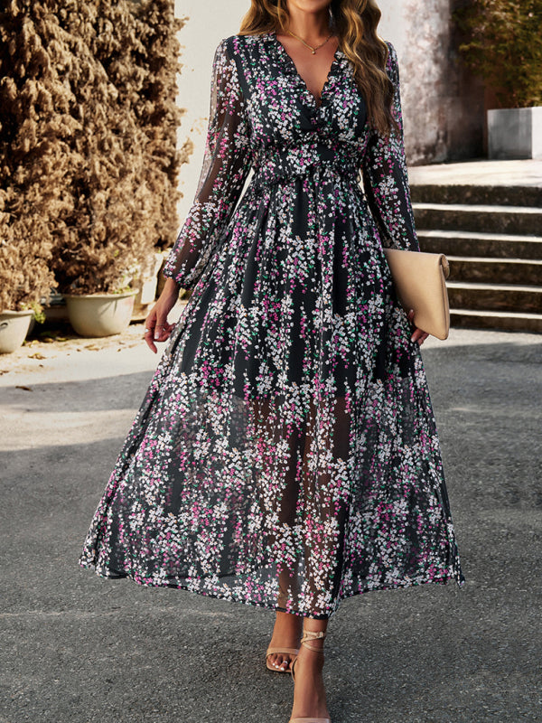 Floral Dresses- Autumn Floral Ruffle Waist V Neck Maxi Dress- - IndioGear Fashion and Gear