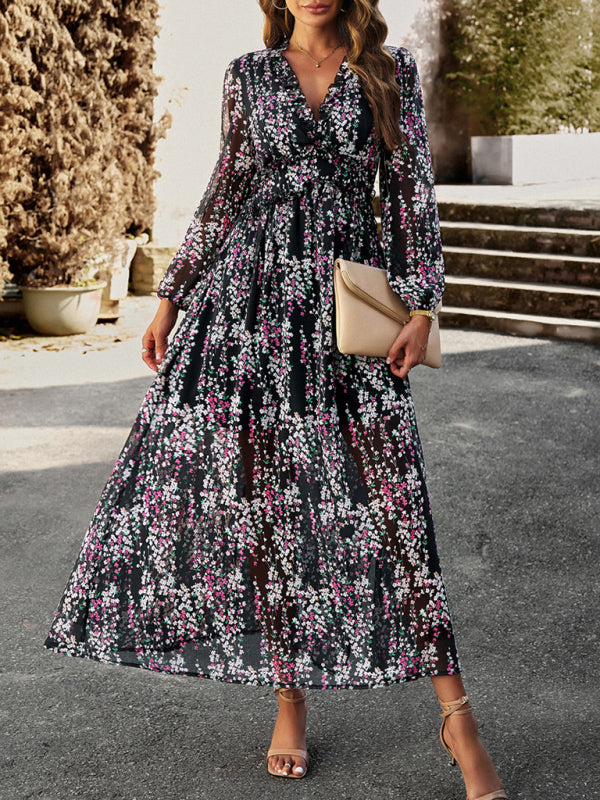 Floral Dresses- Autumn Floral Ruffle Waist V Neck Maxi Dress- - IndioGear Fashion and Gear