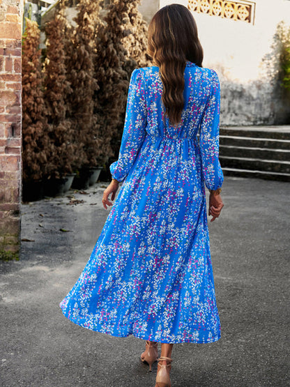 Floral Dresses- Autumn Floral Ruffle Waist V Neck Maxi Dress- - IndioGear Fashion and Gear