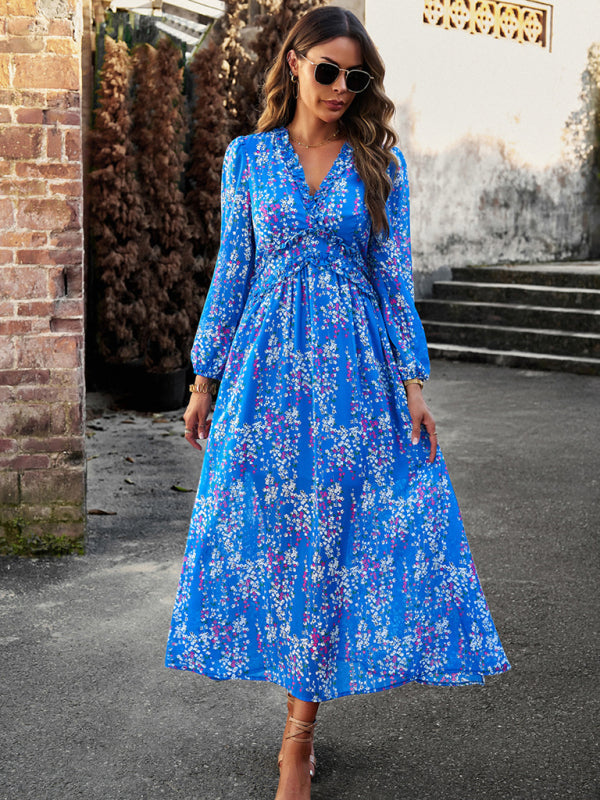 Floral Dresses- Autumn Floral Ruffle Waist V Neck Maxi Dress- - IndioGear Fashion and Gear