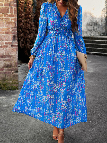 Floral Dresses- Autumn Floral Ruffle Waist V Neck Maxi Dress- - IndioGear Fashion and Gear