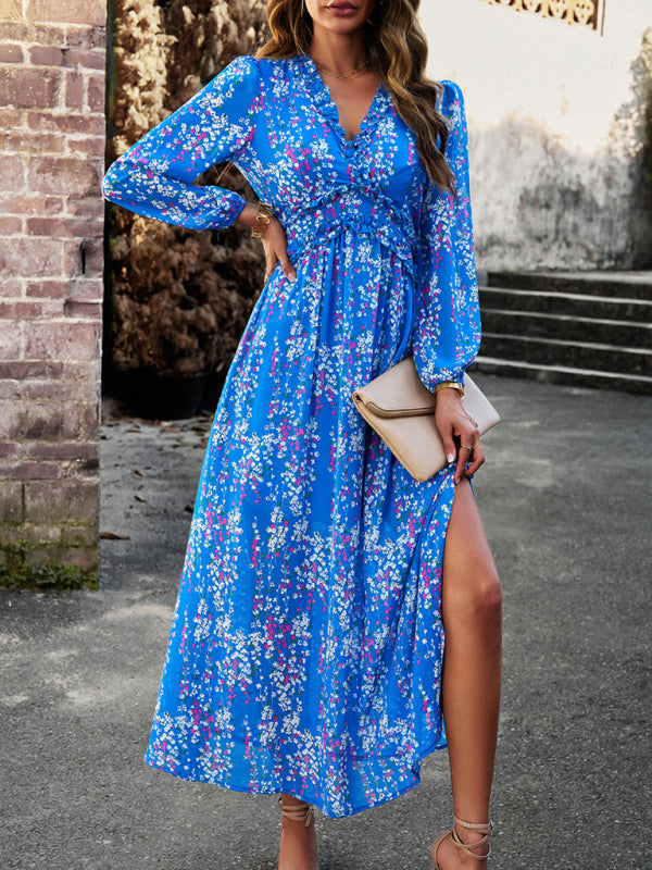 Floral Dresses- Autumn Floral Ruffle Waist V Neck Maxi Dress- - IndioGear Fashion and Gear