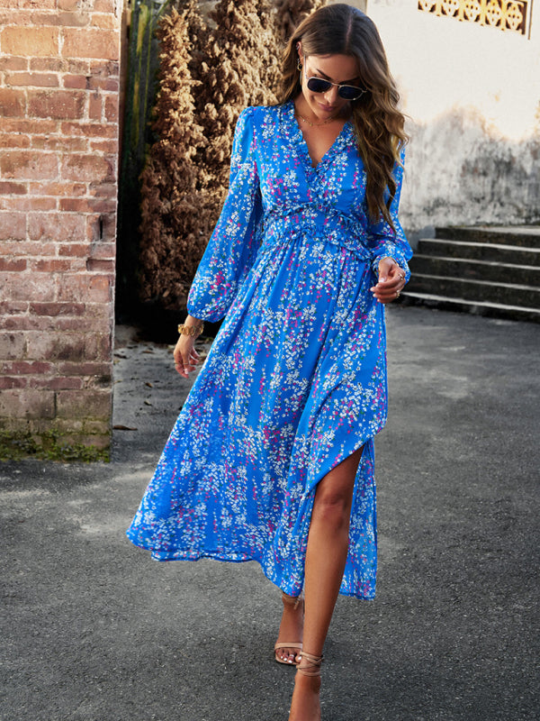 Floral Dresses- Autumn Floral Ruffle Waist V Neck Maxi Dress- - IndioGear Fashion and Gear