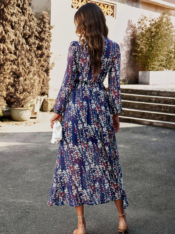 Floral Dresses- Autumn Floral Ruffle Waist V Neck Maxi Dress- - IndioGear Fashion and Gear