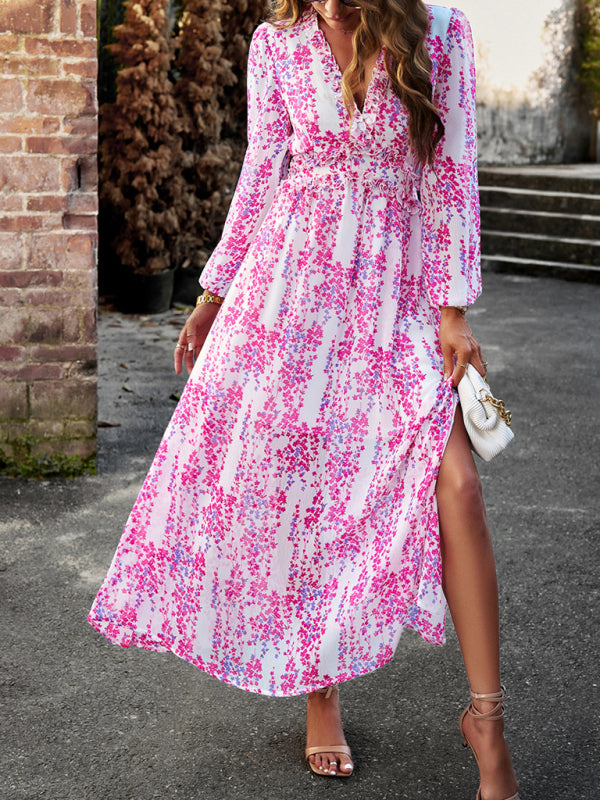 Floral Dresses- Autumn Floral Ruffle Waist V Neck Maxi Dress- - IndioGear Fashion and Gear