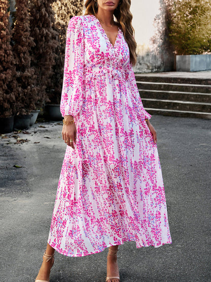 Floral Dresses- Autumn Floral Ruffle Waist V Neck Maxi Dress- - IndioGear Fashion and Gear